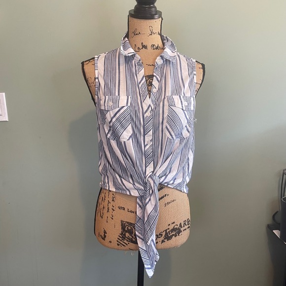 Passport Womens Striped Tie Hem Casual Sleeveless Button Up Shirt Blue Size XL - Picture 1 of 6